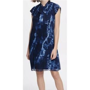 DKNY Blue Pleated‎ Chiffon Tie Dye Cap Sleeve Dress - Size 8
